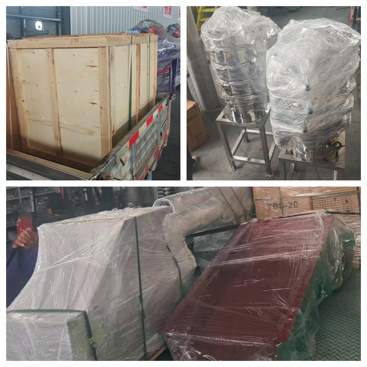 振動給料機(jī)、電磁給料機(jī)、400型超聲波旋振篩、出口旋振篩發(fā)貨